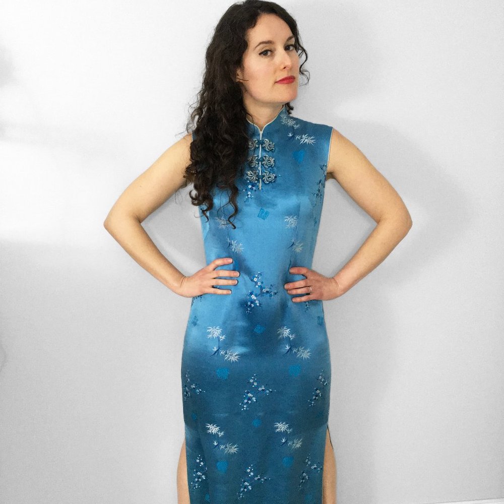 60s Vintage CHEONGSAM Dress, Traditional Asian Gown in Sky Blue